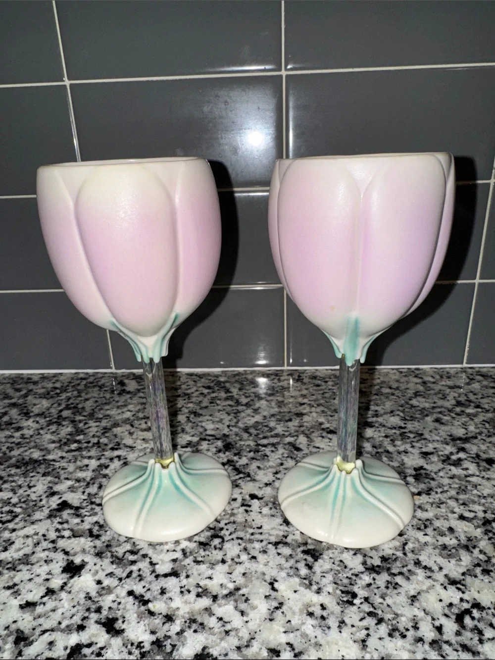Pair of Pink Petal-Edged Ceramic Wine Glasses